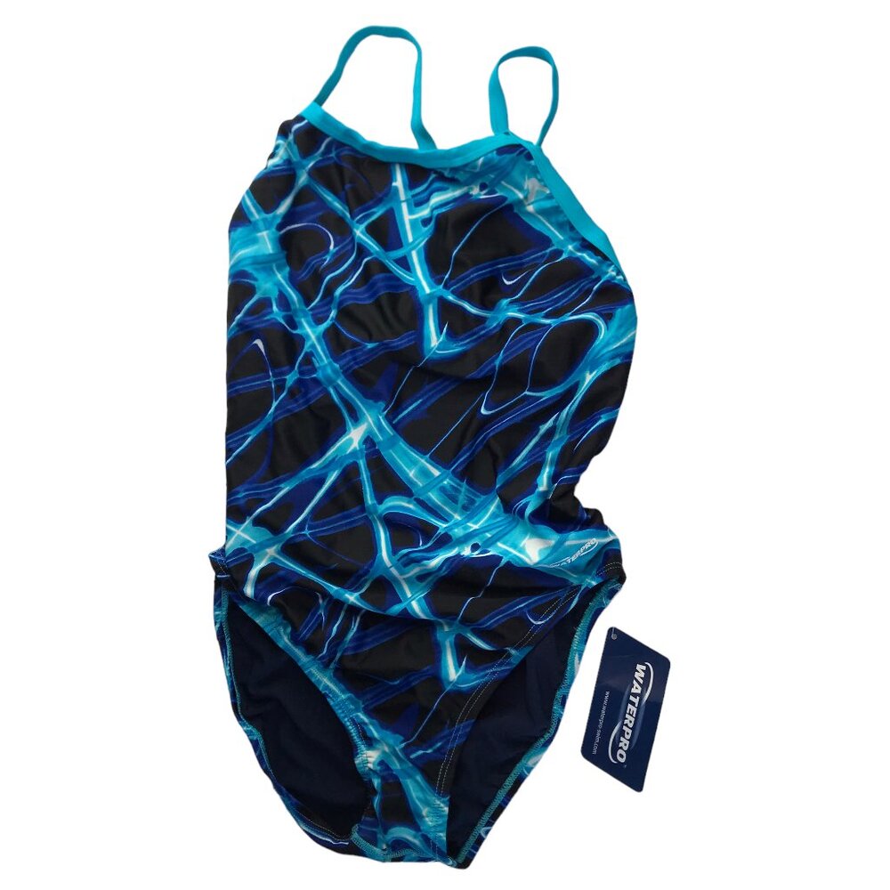 New NWT Women's Swimsuit WATERPRO Size 38 Lightning Blue Thin Strap One Piece